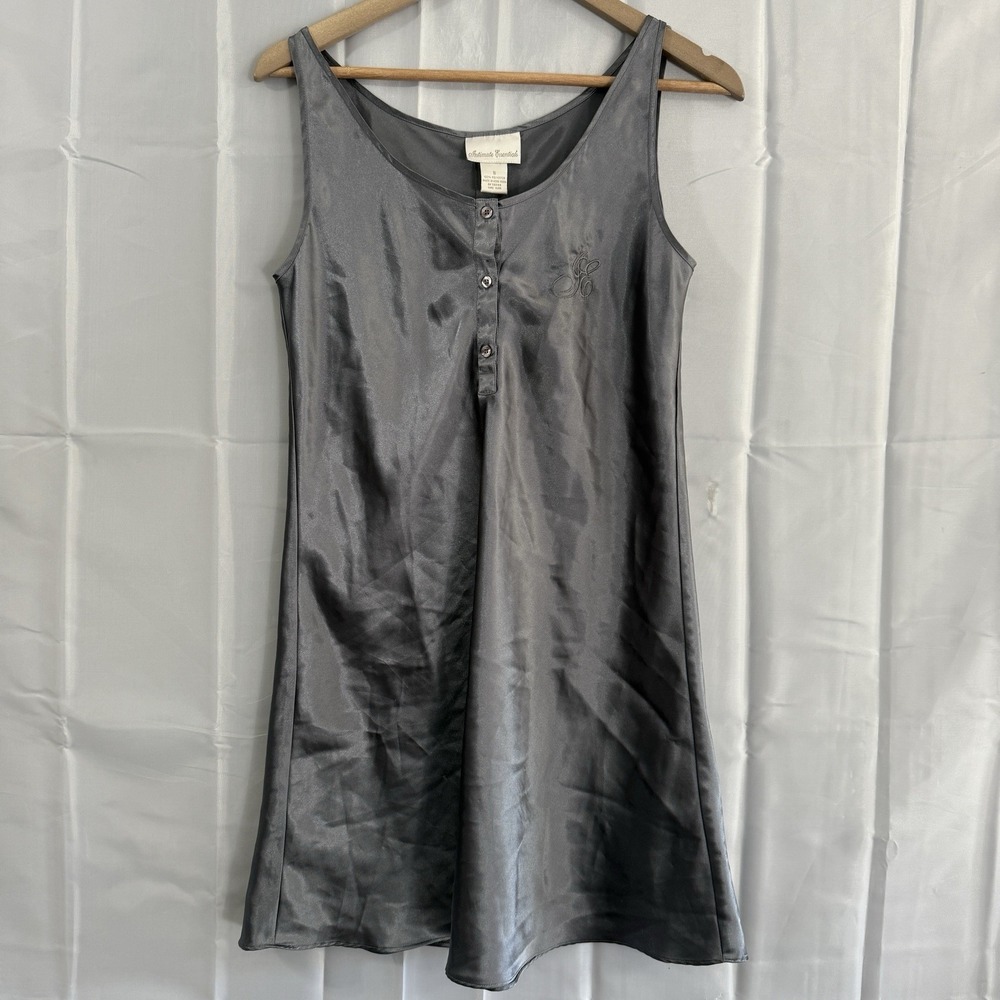 Vtg 90s Intimate Essentials Lingerie Gray Monogram IE Satin Nightgown‎ Pjs Sexy